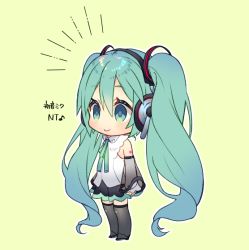 +++, 1girl, aqua eyes, aqua hair, aqua neckwear, arms at sides, bare shoulders, black skirt, boots, chibi, closed mouth, collared shirt, commentary request, detached sleeves, eighth note, eyelashes, facing away, flat chest, full body, green background, grey footwear, hair between eyes, hatsune miku, hatsune miku (nt), headphones, legs together, light blush, long hair, looking afar, musical note, no nose, outline, piapro, pleated skirt, see-through sleeves, shiny, shiny hair, shiomizu (swat), shirt, shoulder tattoo, simple background, skirt, sleeveless, sleeveless shirt, smile, solo, standing, tareme, tattoo, thigh boots, thighhighs, twintails, very long hair, vocaloid, white outline, white shirt, zettai ryouiki