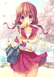 Rule 34 | 1girl, bag, bag charm, blouse, blurry, blurry background, blush, braid, bread slice, charm (object), collarbone, commentary request, cowboy shot, food, food in mouth, gluteal fold, green scrunchie, hair ornament, hair scrunchie, highres, hinako note, long hair, long sleeves, looking at viewer, low twintails, march-bunny, miniskirt, mouth hold, neckerchief, official art, pink eyes, pink hair, pink sailor collar, pink skirt, pleated skirt, sailor collar, sakuragi hinako, school bag, school uniform, scrunchie, serafuku, shirt, side braid, skirt, solo, toast, toast in mouth, twintails, white shirt, yellow neckerchief
