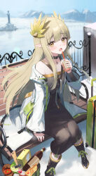 Rule 34 | 1girl, absurdres, arknights, black choker, blonde hair, blush, boots, choker, drink, eyebrows hidden by hair, highres, holding, holding drink, jacket, long hair, long sleeves, looking at viewer, muelsyse (arknights), open mouth, pointy ears, sitting, snow, suitcase, winter, yellow eyes, zayur