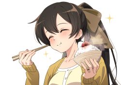 Rule 34 | 1girl, black hair, blush, bow, bowl, breasts, brown bow, brown hair, chopsticks, closed eyes, commentary request, eating, food, food in mouth, hair bow, highres, holding, holding bowl, holding chopsticks, hotaru iori, ichimi renge, long hair, long sleeves, medium breasts, original, ponytail, rice, simple background, smile, solo, sparkle, steam, upper body, white background