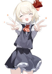 Rule 34 | 1girl, absurdres, ahoge, ascot, black shirt, black skirt, black vest, blonde hair, blush, bow, closed eyes, collared shirt, cowboy shot, double v, facing viewer, fang, frilled skirt, frills, hair bow, hair ribbon, highres, long sleeves, open mouth, red ascot, red bow, red ribbon, ribbon, rumia, sh (shinh), shirt, short hair, simple background, skirt, smile, solo, touhou, v, vest, white background, white shirt