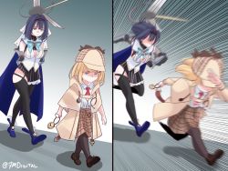 Rule 34 | 2girls, 7m, blonde hair, blue eyes, blue hair, bow, coat, deerstalker, detective, gloves, hair ornament, hat, holocouncil, hololive, hololive english, meme, motion lines, multiple girls, necktie, ouro kronii, ouro kronii (1st costume), pantyhose, running, shirt, short hair, skirt, stethoscope, thighhighs, trench coat, virtual youtuber, watson amelia, white shirt, zipper
