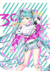 Rule 34 | 1girl, 39, absurdly long hair, aqua eyes, aqua hair, artist name, artist request, bare legs, belt, black ribbon, blue belt, blue eyes, blue hair, blue nails, book, breasts, collarbone, female focus, hair ribbon, hatsune miku, highres, holding, holding book, jacket, long hair, msxmoshixing, nail polish, nails, pants, parted lips, pink jacket, ribbon, shirt, shorts, small breasts, smile, solo, twintails, very long hair, vocaloid, white pants, white shirt, white shorts