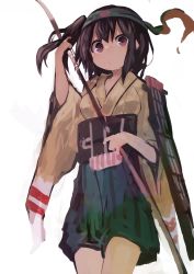 Rule 34 | 1girl, absurdres, bow (weapon), brown eyes, brown hair, cowboy shot, flight deck, hachimaki, headband, highres, hiryuu (kancolle), holding, holding weapon, japanese clothes, kaamin (mariarose753), kantai collection, kimono, looking at viewer, orange kimono, short hair, side ponytail, simple background, solo, weapon, white background