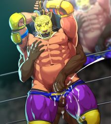 Rule 34 | 2boys, abs, animal ears, animal head, armpits, arms up, bara, bulge, censored, commentary request, crowd, cum, cum on legs, dark-skinned male, dark skin, ejaculation, erection, feet out of frame, frottage, furry, furry male, furry with non-furry, grabbing, hand under clothes, handjob, interspecies, jaguar boy, jaguar ears, jaguar tail, king (tekken), large pectorals, leggings, male focus, male pubic hair, mosaic censoring, multiple boys, muscular, muscular male, navel, nipples, pectoral grab, pectorals, penis, projectile cum, pubic hair, purple legwear, sakuramarusan, stomach, sweat, tail, tekken, thick thighs, thigh sex, thighs, topless male, very dark skin, wrestling outfit, wrestling ring, yaoi