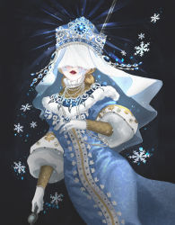 Rule 34 | 1girl, absurdres, astereane, black background, blonde hair, blue dress, covered eyes, crown, dress, gloves, highres, identity v, jewelry, lipstick, makeup, melly plinius, necklace, ring, snowflakes, solo, veil, white gloves