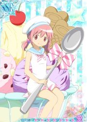 Rule 34 | 10s, 1girl, alternate hairstyle, biscuit, bow, cherry, food, fruit, hair bobbles, hair ornament, hat, ice cream, jumpsuit, kaname madoka, low twintails, mahou shoujo madoka magica, mahou shoujo madoka magica plus, official art, oversized object, pink eyes, pink hair, sailor collar, sailor hat, short hair, short twintails, sittimng, sitting, smile, solo, spoon, trading card, twintails