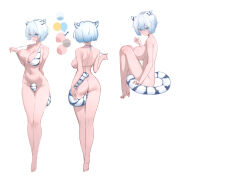 Rule 34 | absurdres, animal ears, ass, back, backboob, bare legs, barefoot, bikini, blue eyes, blue hair, bottomless, breasts, character sheet, cleavage, collarbone, completely nude, contrapposto, dongye1551, grey hair, hair between eyes, halterneck, heterochromia, highres, knee to chest, large breasts, light blue hair, looking at viewer, medium hair, multiple views, nape, navel, nipples, nude, one breast out, original, short hair, shoulder blades, sideboob, skindentation, strap pull, striped bikini, striped clothes, striped tail, swimsuit, tail, tail censor, toes, tsurime, unaligned breasts, white background, yellow eyes