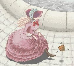 Rule 34 | 1girl, blonde hair, bonnet, boots, character request, dress, frilled dress, frills, lowres, original, pixel art, poop, smile, solo, too literal, ymr