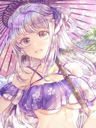 Rule 34 | 1girl, ainu clothes, animal ears, aquaplus, bare shoulders, breasts, cleavage, collarbone, frilled swimsuit, frills, gradient eyes, hasu hiko, highres, large breasts, long hair, matsuri (utawarerumono: lost flag), multicolored eyes, off shoulder, open mouth, raised eyebrows, sidelocks, solo, swimsuit, teeth, toned, toned female, toned stomach, tongue, umbrella, underboob, utawarerumono, utawarerumono: lost flag, very long hair, wavy hair, white hair