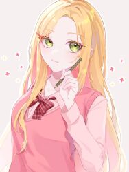 Rule 34 | 1girl, blonde hair, bow, bowtie, collared shirt, commentary request, green eyes, highres, holding, holding pencil, hqruchikq, long hair, nijisanji, nijisanji kr, pencil, pink shirt, pink sweater, pink sweater vest, plaid, plaid bow, plaid bowtie, red bow, red bowtie, seffyna, shirt, solo, sweater, sweater vest, virtual youtuber