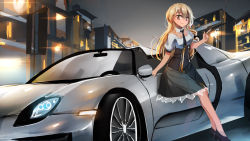 Rule 34 | 1girl, adapted costume, alternate costume, backlighting, black footwear, black skirt, blonde hair, bow, braid, breasts, building, car, city, commentary request, finger gun, grey background, hair bow, highres, kietai na, kirisame marisa, lamppost, legs, long hair, looking down, looking to the side, md5 mismatch, motor vehicle, necktie, night, no headwear, no legwear, pointing, porsche, puffy short sleeves, puffy sleeves, see-through silhouette, shirt, shoes, short sleeves, single braid, skirt, smile, solo, thighs, touhou, vehicle, vehicle focus, vest, white shirt