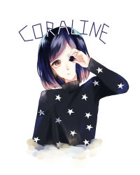 Rule 34 | 1girl, absurdres, blue hair, brown eyes, buttons, character name, child, coraline, coraline jones, female focus, highres, simple background, single button, solo, star (symbol), white background