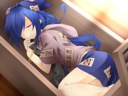 Rule 34 | 1girl, bare legs, blue bow, blue hair, blue skirt, bow, box, bracelet, donation box, closed eyes, glint, hair bow, hemogurobin a1c, in box, in container, jewelry, lying, miniskirt, ofuda, on side, skirt, solo, touhou, yorigami shion