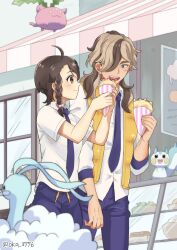 Rule 34 | 1boy, 1girl, :d, ahoge, altaria, arven (pokemon), blush, braid, brown eyes, brown hair, closed mouth, collared shirt, commentary request, creatures (company), crepe, day, food, game freak, gen 2 pokemon, gen 3 pokemon, gen 4 pokemon, hair over one eye, highres, holding, hoppip, juliana (pokemon), long hair, necktie, nintendo, oka 3776, open clothes, open mouth, open vest, outdoors, pachirisu, pants, pokemon, pokemon (creature), pokemon sv, purple necktie, purple pants, purple shorts, shirt, short sleeves, shorts, smile, standing, teeth, tongue, upper teeth only, vest, white shirt, yellow vest