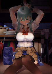 Rule 34 | 1girl, aqua eyes, aqua hair, arms up, bag, bdsm, blue skirt, blush, bondage, bound, bound wrists, bow, bowtie, breasts, brown thighhighs, byte (allbyte), cloth gag, clothes around waist, collared shirt, commentary request, drooling, gag, gym storeroom, hair ornament, hairclip, half-closed eyes, highres, improvised gag, kantai collection, large breasts, long hair, looking at viewer, pleated skirt, red bow, red bowtie, rope, school bag, school uniform, shirt, sidelocks, sitting, skirt, solo, suzuya (kancolle), sweater, sweater around waist, thighhighs, white shirt