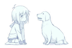 Rule 34 | 1girl, animal, antenna hair, arm support, ayanepuna, blue theme, blush stickers, closed mouth, dog, hair between eyes, jacket, kneehighs, long sleeves, male focus, monochrome, no shoes, open mouth, original, profile, scarf, seiza, short shorts, shorts, sitting, socks, solo, white background