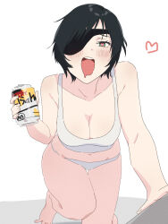 Rule 34 | 1girl, barefoot, black hair, blush, breasts, can, chainsaw man, cleavage, eyepatch, heart, heart-shaped pupils, highres, himeno (chainsaw man), holding, holding can, ikanyoikanikan, large breasts, leaning forward, looking at viewer, open mouth, short hair, simple background, smile, solo, symbol-shaped pupils, tank top, white background, white tank top