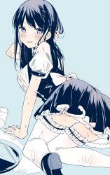 Rule 34 | 1girl, accident, all fours, arm support, back bow, black dress, black footwear, black hair, blue background, blush, bow, braid, breasts, commentary, cup, dress, drinking straw, eyelashes, fingernails, frilled dress, frilled garter, frilled thighhighs, frills, from behind, hand in own hair, highres, large breasts, long hair, looking at viewer, looking back, maid, nail polish, original, parted lips, pink nails, plate, puffy short sleeves, puffy sleeves, purple eyes, seiza, short dress, short sleeves, sidelocks, simple background, sitting, solo, thighhighs, twitter username, underbust, water, water drop, wavy mouth, wet, wet clothes, wet hair, white bow, white thighhighs, yu yu, zettai ryouiki