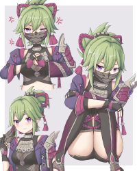 Rule 34 | 1girl, anger vein, annoyed, armor, arms on knees, black shorts, breasts, clenched hand, closed mouth, crop top, cropped jacket, cropped torso, crossed arms, dadamori, earrings, fishnet top, fishnets, fist in hand, genshin impact, gloves, green hair, hair between eyes, hair ornament, highres, holding, holding mask, jacket, jewelry, knees to chest, knees up, kuki shinobu, looking at viewer, mask, unworn mask, mouth mask, multiple views, ninja mask, partially fingerless gloves, purple eyes, purple jacket, rope, shimenawa, short ponytail, short shorts, shorts, shoulder armor, sidelocks, sitting, small breasts, spoken anger vein, tassel, tassel earrings, thighhighs, thighs, v-shaped eyebrows, vision (genshin impact), wavy mouth