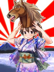 Rule 34 | &gt;:), 10s, 1girl, alternate costume, brown hair, horse mask, japanese clothes, kaga (kancolle), kantai collection, mask, mountain, personification, short hair, side ponytail, smile, solo, v-shaped eyebrows, yuuki keisuke