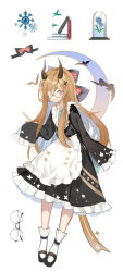 Rule 34 | 1girl, apron, bad id, bad pixiv id, black bow, black dress, black footwear, blue flower, blue rose, book, bow, brown hair, closed mouth, dress, unworn eyewear, flower, frilled apron, frilled sleeves, frills, full body, glasses, hair ornament, hair over one eye, horns, long hair, long sleeves, looking at viewer, original, red bow, red eyes, rero (bigdoorbig2), rose, round eyewear, shoes, simple background, sleeves past fingers, sleeves past wrists, smile, snowflakes, socks, solo, striped, striped bow, very long hair, waist apron, white apron, white background, white socks, x hair ornament