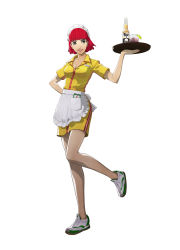 Rule 34 | 1girl, absurdres, alcohol, apron, atlus, beer, breasts, catherine (game), cleavage, earrings, erica anderson, full body, highres, jewelry, kuma (persona 4), large breasts, mole, no socks, official art, pantyhose, persona, persona 4, red hair, shoes, short hair, smile, sneakers, soejima shigenori, solo, standing, standing on one leg, tray, waist apron, waitress