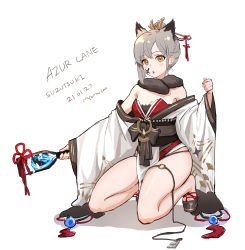 Rule 34 | 1girl, 2021, absurdres, animal ears, azur lane, bare shoulders, character name, facial mark, full body, grey hair, highres, holding, holding paddle, looking at viewer, myomu, off shoulder, official alternate costume, orange eyes, paddle, panties, sandals, simple background, solo, string panties, suzutsuki (azur lane), suzutsuki (suzutsuki hanetsuki adept!) (azur lane), underwear, white background, wide sleeves, zouri