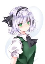 Rule 34 | 1girl, :/, ascot, black ascot, black hairband, black ribbon, blush, bob cut, breasts, closed mouth, collared shirt, colored eyelashes, commentary request, green eyes, green vest, hair ribbon, hairband, highres, hitodama, konpaku youmu, konpaku youmu (ghost), looking at viewer, medium breasts, mismatched eyelashes, nanase nao, one-hour drawing challenge, puffy short sleeves, puffy sleeves, ribbon, shirt, short hair, short sleeves, silver hair, simple background, solo, touhou, upper body, vest, white background, white shirt, wing collar