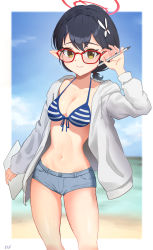 Rule 34 | 1girl, artist request, ayane (blue archive), beach, bikini, black hair, blue archive, blue sky, blush, border, braid, breasts, cleavage, clipboard, cloud, collarbone, female focus, film grain, flower, glasses, gluteal fold, hair flower, hair ornament, halo, hand up, highres, hip focus, holding, jacket, lips, looking at viewer, low ponytail, medium breasts, navel, ocean, open clothes, open jacket, pen, pointy ears, sand, short hair, short ponytail, shorts, sky, smile, standing, string bikini, striped bikini, striped clothes, swimsuit, thighs, water, white border, yellow eyes