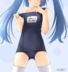 Rule 34 | 1girl, :p, bad id, blue background, blue hair, blue one-piece swimsuit, blush, borrowed character, clothes pull, commission, digitan, female focus, flat chest, head out of frame, highres, legs apart, name tag, naughty face, one-piece swimsuit, one-piece swimsuit pull, original, pulled by self, second-party source, shibacha, simple background, solo, swimsuit, thighhighs, tongue, tongue out, twintails, white thighhighs