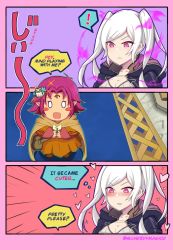 Rule 34 | 2girls, cape, dark persona, dress, english text, facial mark, fae (fire emblem), fire emblem, fire emblem: the binding blade, fire emblem awakening, fire emblem heroes, forehead mark, gloves, green eyes, grima (fire emblem), highres, hood, long hair, monkeyymagicc, multiple girls, nintendo, open mouth, pink hair, pointy ears, purple hair, red eyes, robin (female) (fire emblem), robin (fire emblem), short hair, smile, twintails, white hair