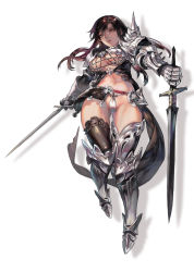Rule 34 | 1girl, aoin, armor, bikini armor, boots, breasts, brown eyes, brown hair, cleavage, dual wielding, groin, highres, holding, large breasts, lips, long hair, midriff, navel, original, pauldrons, shoulder armor, solo, sword, thigh boots, thighhighs, thighs, weapon