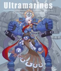 Rule 34 | 1girl, absurdres, adeptus astartes, arm cannon, armor, artificial eye, black bodysuit, blue eyes, bodysuit, character name, clenched hands, covered navel, dual wielding, fighting stance, full body, genderswap, genderswap (mtf), halo, highres, holding, mechanical eye, mechanical halo, pauldrons, pelvic curtain, power armor, power fist, short hair, shoulder armor, silver hair, skull, solo, ultramarines, warhammer 40k, weapon, zelun jia, zoom layer