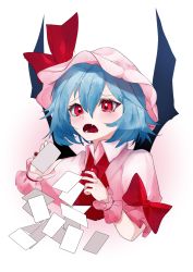 Rule 34 | 1girl, bat wings, blue hair, blush, bow, brooch, card, collared dress, commentary request, ascot, dress, dropping, fang, hair between eyes, hands up, hat, hat ribbon, high collar, highres, holding, holding card, ikurauni, jewelry, mob cap, nail polish, open mouth, pink background, pink dress, puffy short sleeves, puffy sleeves, red bow, red eyes, red nails, red ribbon, remilia scarlet, ribbon, short hair, short sleeves, solo, surprised, tears, touhou, upper body, white background, wings, wrist cuffs
