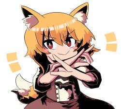 Rule 34 | 1girl, absurdres, animal ear fluff, animal ears, ascot, asymmetrical hair, black ascot, blonde hair, blush stickers, bright pupils, brown skirt, brown vest, closed mouth, commentary request, cookie (touhou), cowboy shot, crossed arms, double fox shadow puppet, fang, fox ears, fox girl, fox shadow puppet, fox tail, hair between eyes, highres, looking at viewer, medium bangs, medium hair, miramikaru riran, red eyes, shirt, short sleeves, sidelocks, simple background, skin fang, skirt, skirt set, smile, solo, sznkrs, tail, v-shaped eyebrows, vest, white background, white pupils, white shirt