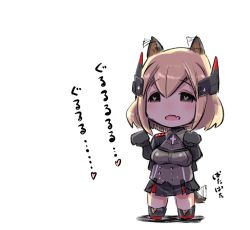 Rule 34 | 1girl, afterimage, animal ear fluff, animal ears, azur lane, black footwear, black gloves, black jacket, black skirt, blonde hair, boots, breasts, brown eyes, collared shirt, commentary request, cropped jacket, dog ears, dog girl, dog tail, ear wiggle, fang, full body, gloves, grey shirt, hair between eyes, hands up, headgear, heart, heart-shaped pupils, jacket, kemonomimi mode, medium breasts, open clothes, open jacket, open mouth, paw pose, pleated skirt, roon (azur lane), shadow, shirt, skirt, solo, standing, symbol-shaped pupils, tail, tail wagging, translation request, u-non (annon&#039;an), white background