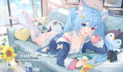 Rule 34 | 1girl, ahoge, animal ears, ass, bare shoulders, bird, blue eyes, boots, breasts, cat ears, character request, chips (food), cleavage, collarbone, copyright request, couch, eyebrows hidden by hair, fang, flower, food, hair between eyes, hair ornament, hairclip, highres, long hair, long sleeves, looking at viewer, lying, medium breasts, no shoes, on couch, on stomach, penguin, potato chips, red eyes, shoes, unworn shoes, soles, solo, somna, stuffed animal, stuffed toy, sunflower, thighhighs, twintails, virtual youtuber, white thighhighs