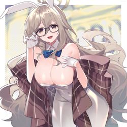 Rule 34 | 1girl, adjusting eyewear, akane (blue archive), akane (bunny) (blue archive), animal ears, bare shoulders, blue archive, bow, bowtie, breasts, cleavage, detached collar, etomai, fake animal ears, glasses, gloves, halo, highres, large breasts, leotard, light brown hair, long hair, open mouth, pantyhose, playboy bunny, rabbit ears, shawl, solo, very long hair, white gloves, white leotard