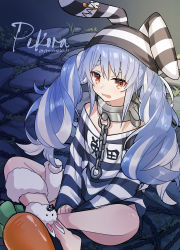 Rule 34 | 1girl, 88 (einnimnech), absurdres, animal ears, barefoot, black shirt, blue hair, blush, breasts, chain, character name, collar, commentary request, don-chan (usada pekora), highres, hololive, indian style, legs, looking at viewer, multicolored hair, official alternate costume, orange eyes, prison clothes, rabbit ears, shirt, sitting, solo, striped clothes, striped headwear, striped shirt, tears, thick eyebrows, twintails, twitter username, two-tone hair, usada pekora, usada pekora (prisoner), virtual youtuber, white hair, white shirt