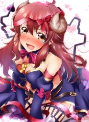 Rule 34 | 1girl, absurdres, bare shoulders, between breasts, blurry, blush, breasts, brown eyes, cleavage, commentary request, demon girl, demon horns, demon tail, fang, hair between eyes, hair ribbon, heart, highres, horns, huge filesize, kneeling, large breasts, long hair, looking at viewer, machikado mazoku, miso bon, open mouth, red hair, red ribbon, ribbon, solo, tail, tears, valentine, yoshida yuuko (machikado mazoku)