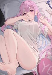 Rule 34 | 1girl, absurdres, barefoot, breasts, colored inner hair, highres, hiyayo25, hololive, large breasts, long hair, looking at viewer, minato aqua, multicolored hair, nintendo switch, pink eyes, pink hair, shirt, soles, solo, thighs, toes, two-tone hair, virtual youtuber, white shirt