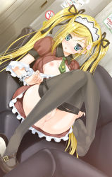 Rule 34 | 1girl, anus, black thighhighs, blonde hair, blush, cleft of venus, couch, dutch angle, feet, female focus, flat chest, flower, hair ornament, hair ribbon, hairclip, happoubi jin, highres, indoors, kanojo x kanojo x kanojo, legs, long hair, looking at viewer, maid, maid headdress, mary janes, necktie, nipples, open clothes, open mouth, open shirt, orifushi mafuyu, panties, panty pull, pussy, reclining, ribbon, shirt, shoe dangle, shoes, unworn shoes, single shoe, solo, thighhighs, thighs, twintails, uncensored, underwear, undressing, very long hair
