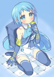 Rule 34 | 10s, 1girl, :o, aqua eyes, blue gloves, blue hair, blue theme, blue thighhighs, blush, boots, elbow gloves, gloves, itsumo nokoru, kantai collection, long hair, mecha musume, off shoulder, personification, puddle, sailor collar, samidare (kancolle), sitting, skirt, solo, thigh boots, thighhighs, tile floor, tiles, very long hair, wariza, wet, zettai ryouiki