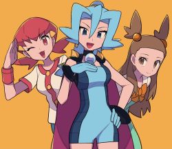 Rule 34 | 3girls, ;d, black cape, blue eyes, blue hair, brown eyes, brown hair, buttons, cape, clair (pokemon), commentary request, creatures (company), dress, game freak, gloves, hair bobbles, hair ornament, hairclip, hand up, highres, jacket, jasmine (pokemon), light blue hair, long hair, looking at viewer, multiple girls, nintendo, one eye closed, open mouth, orange background, pink eyes, pink hair, pokemon, pokemon hgss, ponytail, short sleeves, simple background, smile, tongue, twintails, two side up, tyako 089, white jacket, whitney (pokemon)
