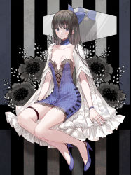 Rule 34 | 1girl, black hair, blue bow, blue dress, blue eyes, blue footwear, bow, breasts, closed mouth, collarbone, dress, flower, full body, grey flower, hair bow, high heels, highres, jacket, looking at viewer, original, reflection, shoes, short sleeves, sitting, small breasts, solo, strapless, strapless dress, striped, striped background, striped bow, vertical stripes, white jacket, yadapot