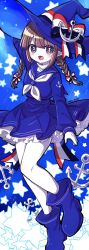 Rule 34 | 1girl, anchor, anchor symbol, arm up, blue background, blue dress, blue footwear, blue hat, blue theme, blunt bangs, blush, boots, bow, brown hair, commentary, dress, frilled dress, frills, funamusea, grey eyes, hair bow, hat, hat bow, highres, long sleeves, looking at viewer, oounabara to wadanohara, open mouth, pale skin, pointy ears, rinne stella, sailor dress, short twintails, signature, smile, solo, star (symbol), striped, striped bow, symbol-only commentary, thighs, twintails, wadanohara, watermark, witch, witch hat