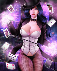 Rule 34 | 1girl, black hair, blue eyes, blue hair, breasts, card, cleavage, coattails, dc comics, fishnet pantyhose, fishnets, gloves, glowing, hat, huge breasts, iury padilha, justice league, long hair, looking at viewer, magician, matching hair/eyes, pantyhose, playing card, smile, solo, top hat, white gloves, zatanna zatara
