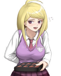 Rule 34 | 1girl, :d, absurdres, ahoge, akamatsu kaede, arm behind back, blonde hair, blush, box, breasts, chocolate, collarbone, collared shirt, commentary, cowboy shot, crazy eyes, danganronpa (series), danganronpa v3: killing harmony, flying sweatdrops, fortissimo, hair ornament, highres, holding, large breasts, long hair, long sleeves, looking at viewer, mint cat (a huu), musical note, musical note hair ornament, necktie, open mouth, pink sweater vest, pink vest, pleated skirt, purple eyes, purple skirt, school uniform, shirt, simple background, skirt, smile, solo, sweater vest, swept bangs, teeth, upper body, upper teeth only, valentine, vest, white background, white shirt