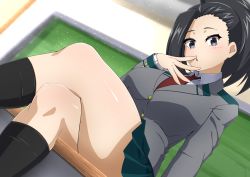 Rule 34 | 1girl, absurdres, arm support, black eyes, black hair, black socks, blazer, boku no hero academia, breasts, chalkboard, classroom, collared shirt, crossed legs, desk, from below, hair pulled back, hand on own face, hand to own mouth, highres, indoors, jacket, kneehighs, large breasts, looking at viewer, medium hair, necktie, pleated skirt, ponytail, red necktie, revision, school uniform, shirt, skirt, socks, solo, sunlight, thick thighs, thighs, toukaaa, u.a. school uniform, white shirt, yaoyorozu momo